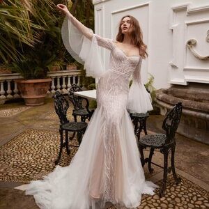 Liz Martinez VERONICA  White Off-Shoulder Wedding Dress with Sheer Bell Sleeves